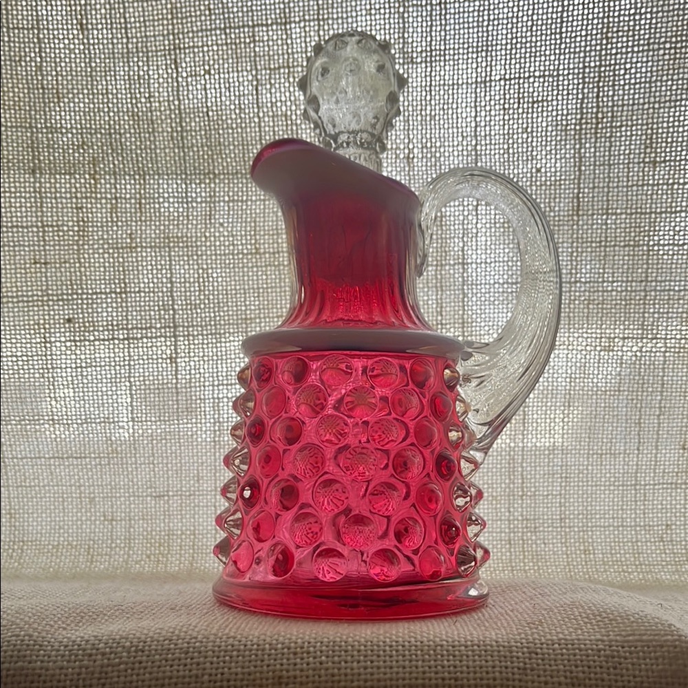 Fenton Glass Cranberry Opalescent Hobnail Oil Bottle Cruet w/ Crystal Stopper - Picture 6 of 16